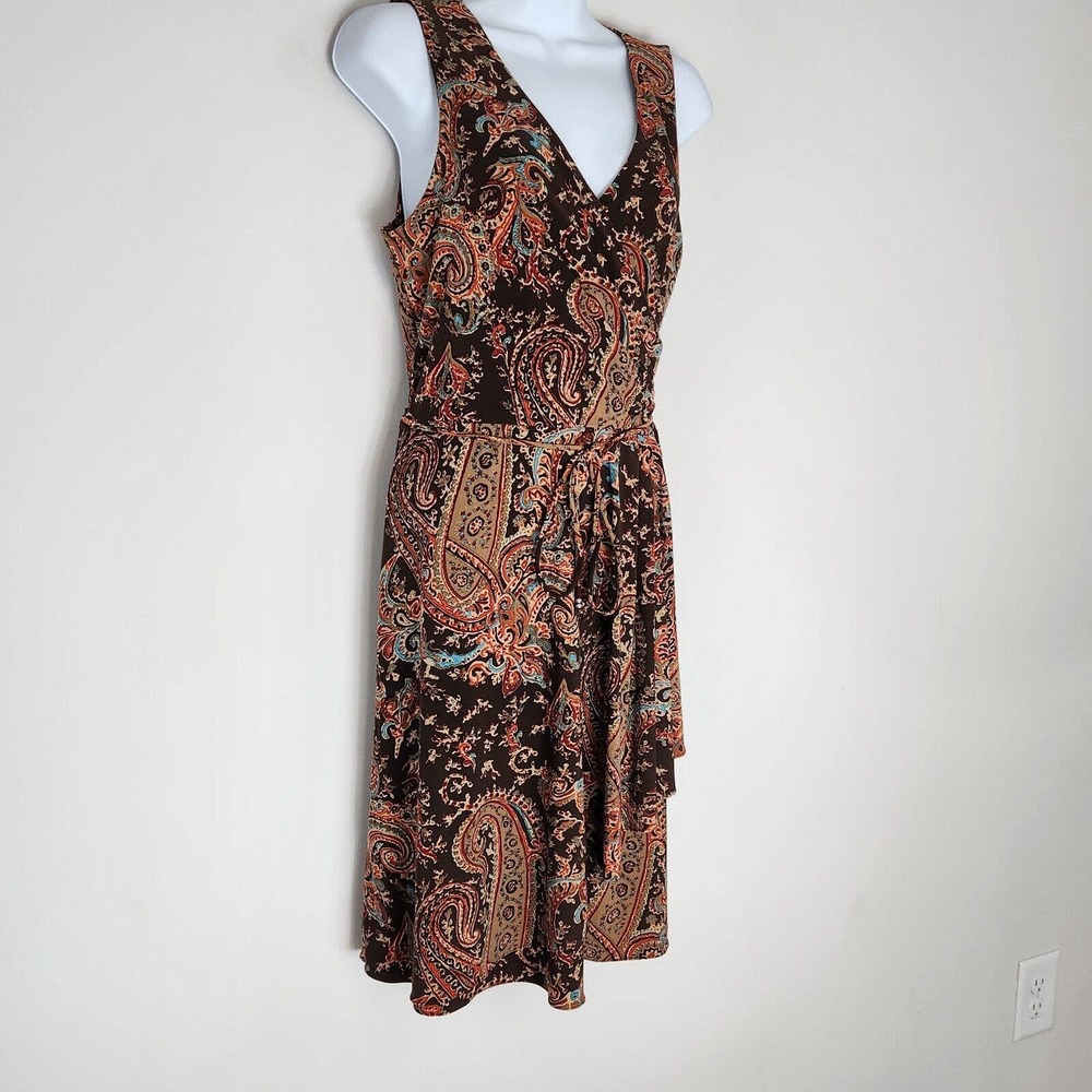 Lauren Ralph Lauren Paisley Print Faux Wrap Dress Sleeveless Belted Size PM - Picture 2 of 13